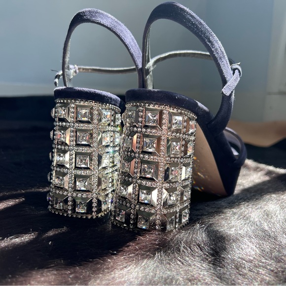 MIU MIU Navy Suede Crystal Block Heel Sandals Platforms Heels $1300 Retail 8.5 - Picture 3 of 6